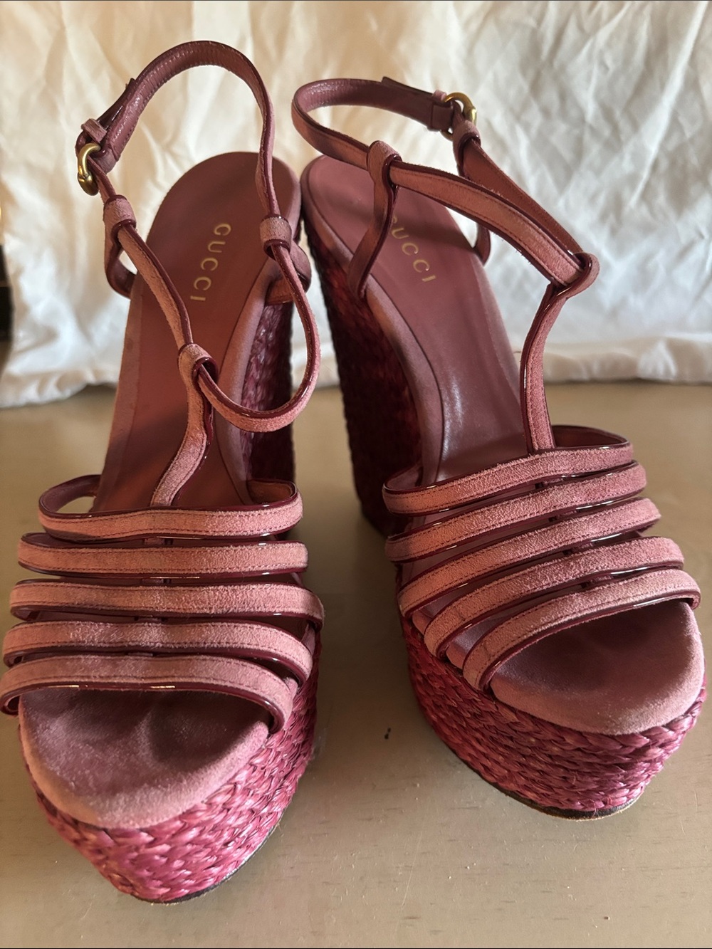 Gucci Rose Pink Braided Platform Wedge Sandals